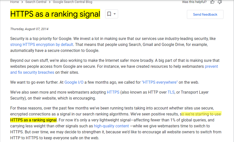 HTTPS as a Ranking Signal 
